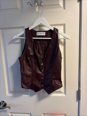 B. Denim Leather Button Vest in Deep Burgundy